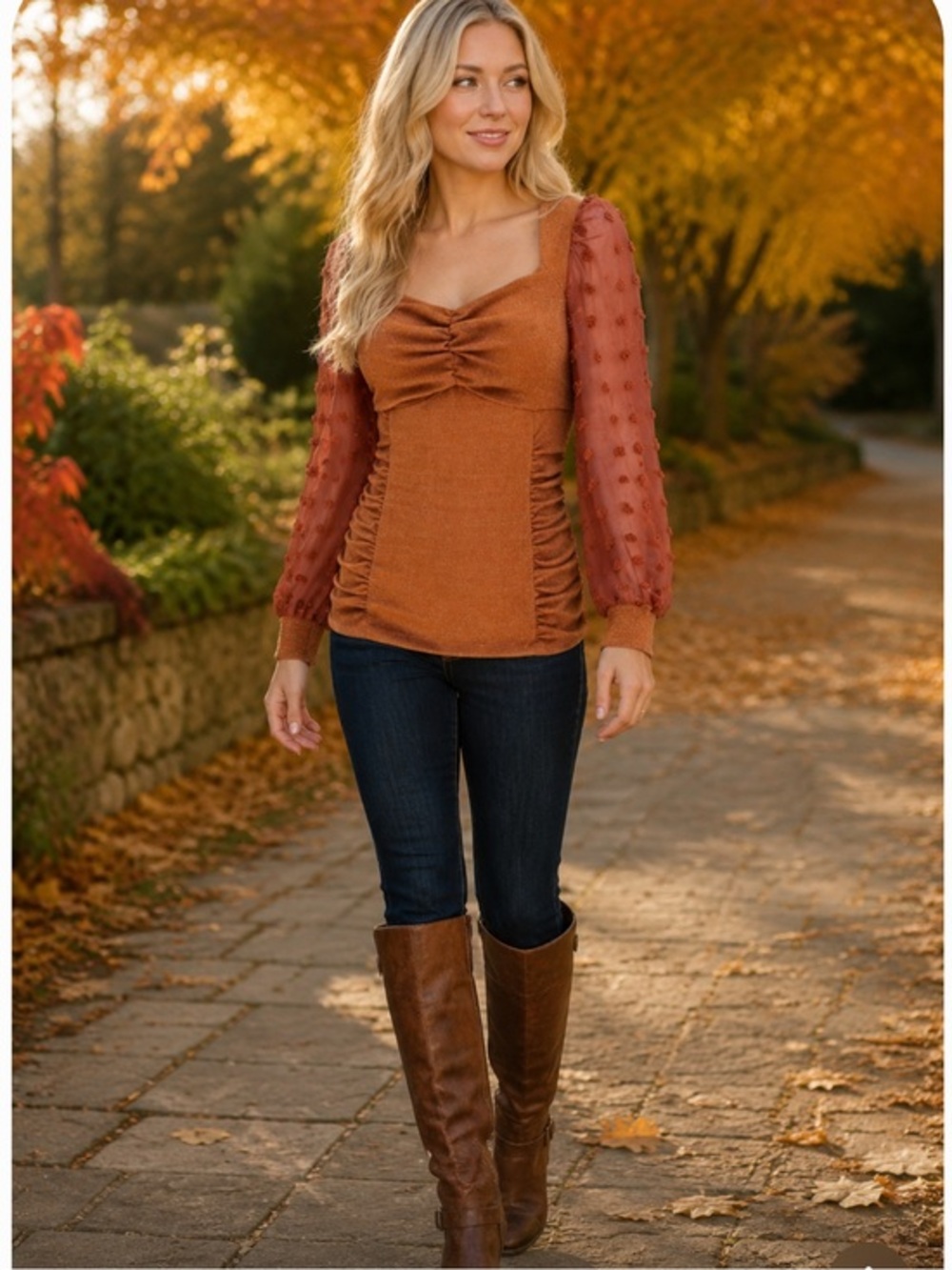 NWT Chicwish Sweetheart Neck Ruched with sheer sleeves In pumpkin Size S